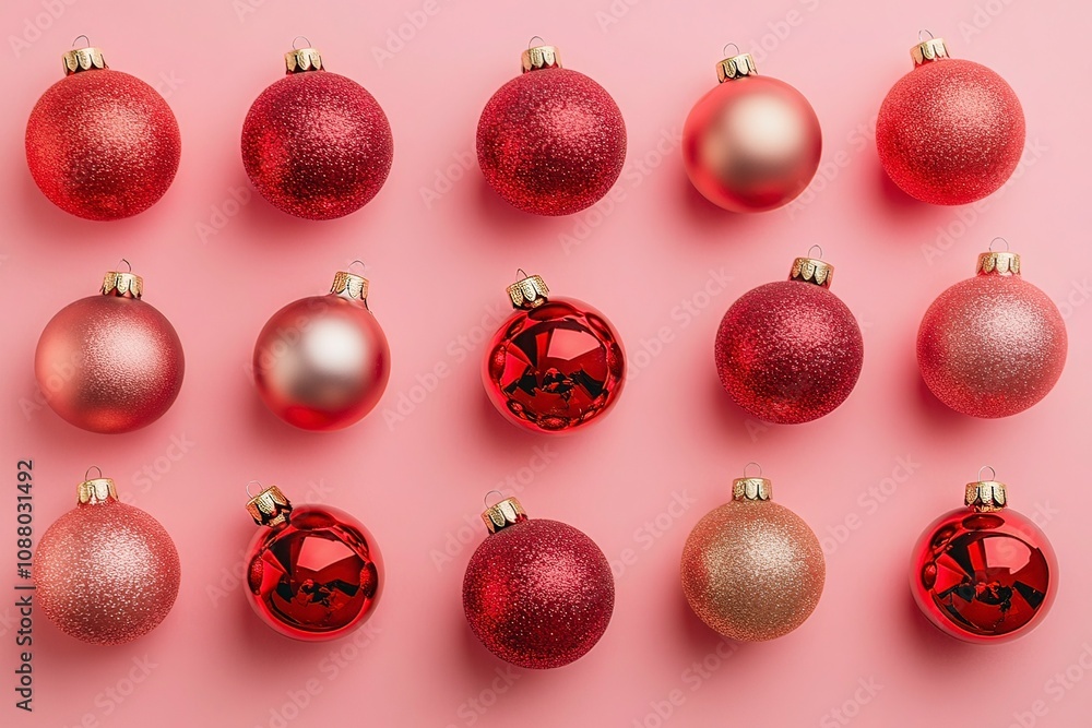 From above of decorative Christmas baubles arranged on pink background in studio for holiday celebration with generative ai From above of decorative Christmas baubles arranged on pink background in studio for holiday celebration with generative ai