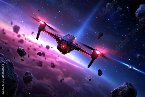 Wallpaper Mural A 3D illustration of a drone swarm navigating through an asteroid field with glowing navigation trails Torontodigital.ca