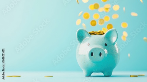 Gold coins are cascading into a blue piggy bank, highlighting the joy of saving money amidst a simple pastel background