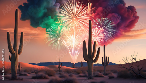 tall cactus trees accompanied by fireworks in the desert