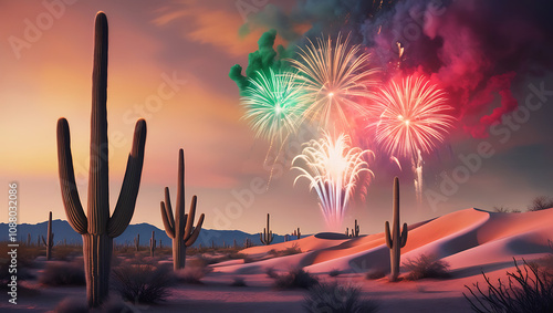 tall cactus trees accompanied by fireworks in the desert