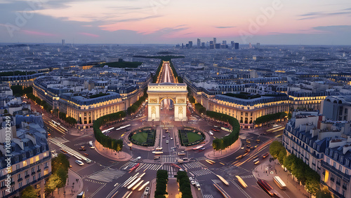 View of the triumphal arch and city skyline during twilight in Paris with lights illuminating the streets and buildings