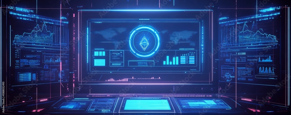 Fototapeta premium Futuristic law enforcement operations smart contract integration virtual command center high-tech environment cybersecurity viewpoint innovative solutions