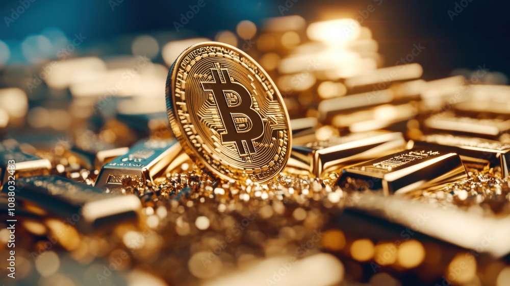 Bitcoin coin floating over pile of gold bars, symbolizing wealth and investment. shiny gold reflects light, creating luxurious atmosphere Bitcoin coin floating over pile of gold bars, symbolizing wealth and investment. shiny gold reflects light, creating luxurious atmosphere