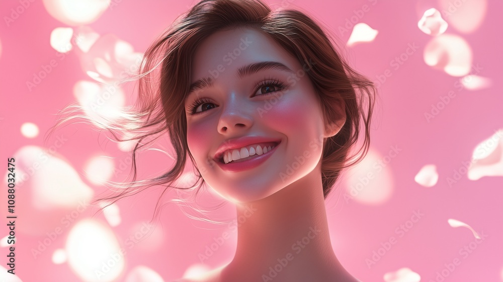 Charming lady with radiant smile in a pastel pink background surrounded by gentle light gradients Charming lady with radiant smile in a pastel pink background surrounded by gentle light gradients