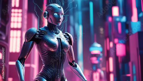 Futuristic android stands in a vibrant cityscape illuminated by neon lights at night
