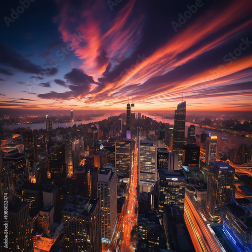 a beautiful view of the city in the evening with the Skyline glowing as dusk falls, illuminating the architecture of the city's buildings with warm hues.