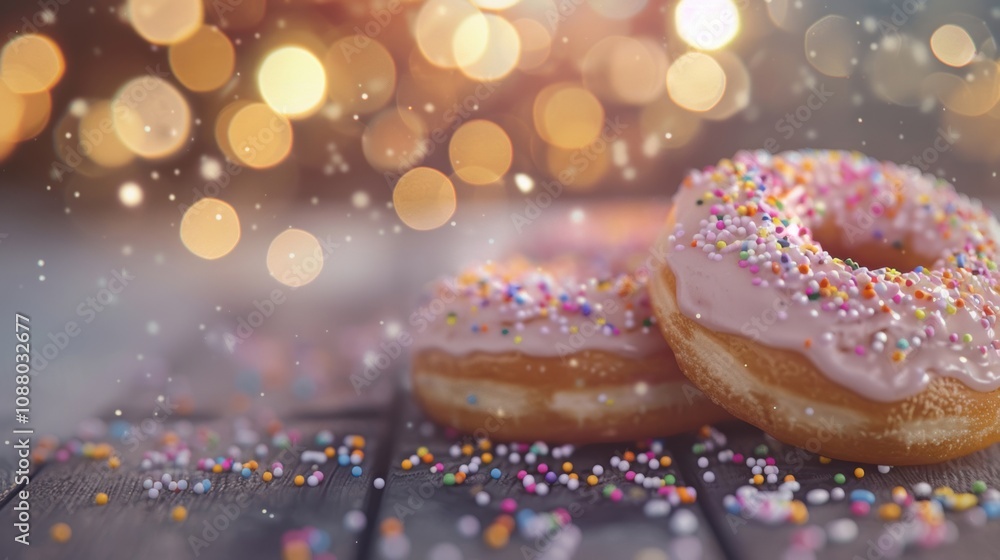 Two delightful sprinkle donuts rest on a wooden surface, surrounded by shimmering bokeh lights creating a warm atmosphere Two delightful sprinkle donuts rest on a wooden surface, surrounded by shimmering bokeh lights creating a warm atmosphere