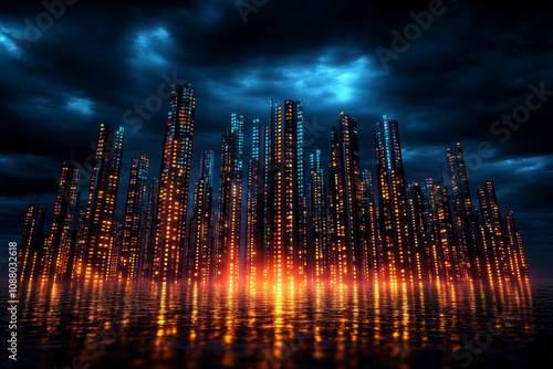 A cyberpunk cityscape with abstract skyscrapers glowing in vibrant neon colors under a dark sky photo