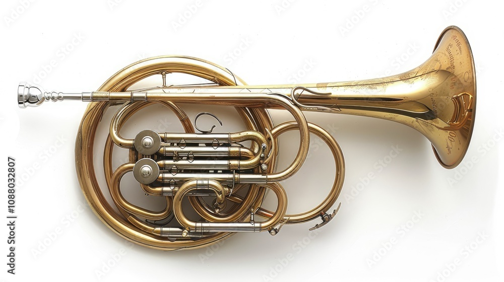 Obraz premium A gleaming antique French horn, brass valves, and a wide bell rest on a white background.