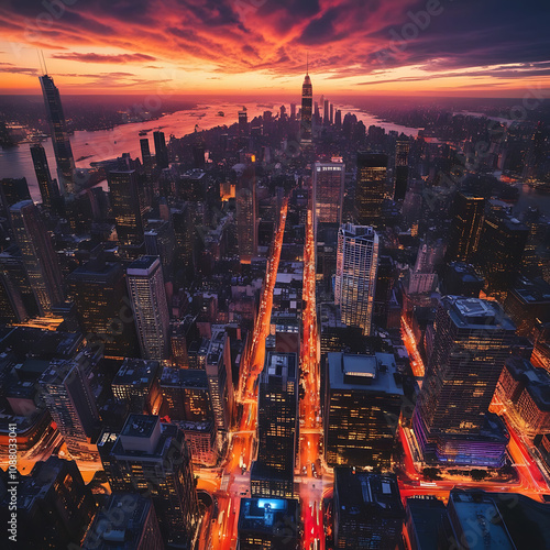 a beautiful view of the city in the evening with the Skyline glowing as dusk falls, illuminating the architecture of the city's buildings with warm hues.