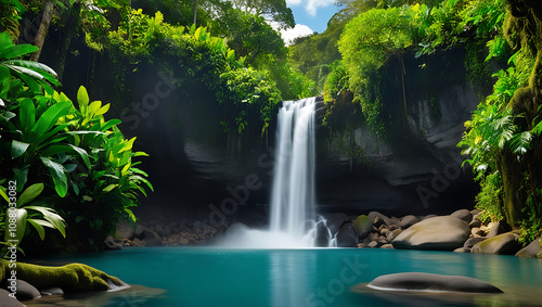 in the forest there is a majestic waterfall flowing surrounded by lush greenery in a vibrant forest landscape