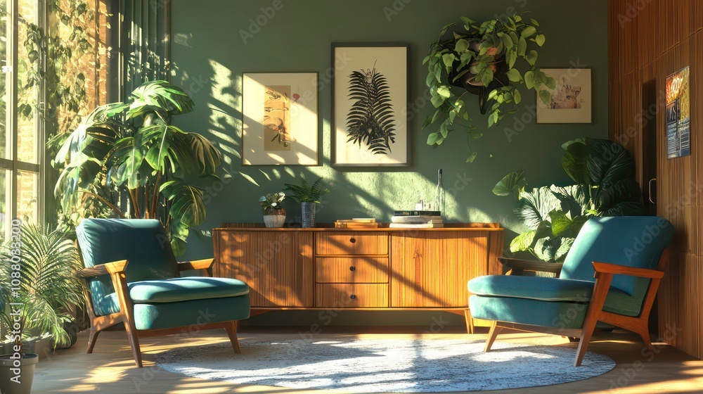 A sun-soaked retro-inspired living room with teal armchairs, lush greenery, and a wooden sideboard, exuding warmth and style A sun-soaked retro-inspired living room with teal armchairs, lush greenery, and a wooden sideboard, exuding warmth and style