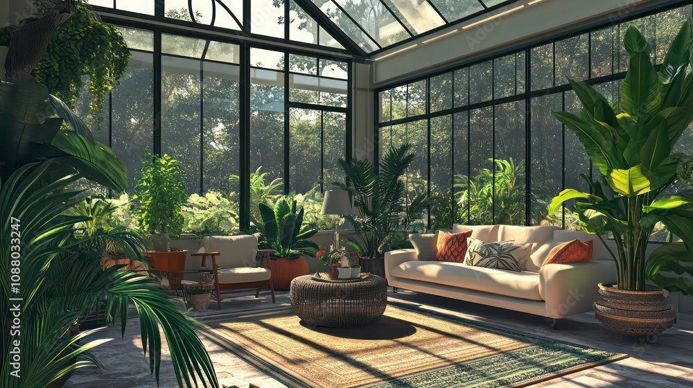 A sunlit living room with large windows, a comfortable sofa, and a variety of plants. A sunlit living room with large windows, a comfortable sofa, and a variety of plants.