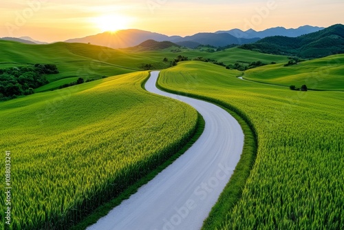 A drone-shot of a winding road through a golden field of wheat at sunset