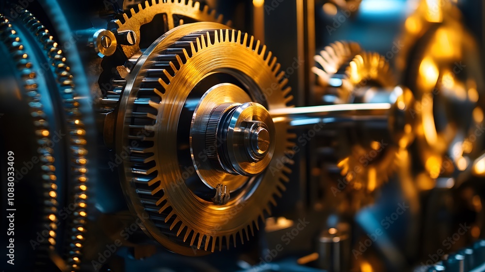 A close up of a large gear with a gold finish. The gears are all different sizes and are all connected to each other. Concept of complexity and precision A close up of a large gear with a gold finish. The gears are all different sizes and are all connected to each other. Concept of complexity and precision