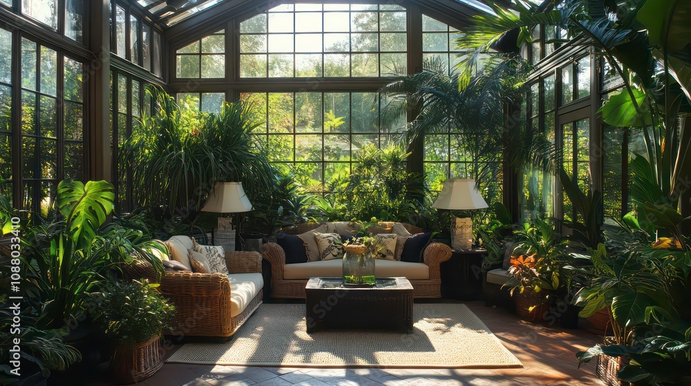 Sun-drenched conservatory with wicker furniture and lush greenery. Sun-drenched conservatory with wicker furniture and lush greenery.