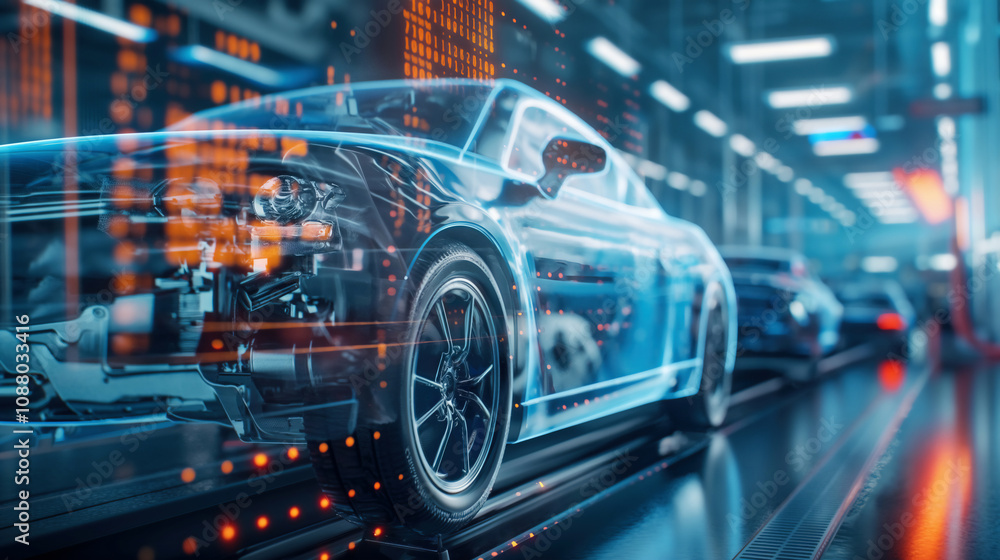 Futuristic Car Assembly Line With Digital Overlay Futuristic Car Assembly Line With Digital Overlay