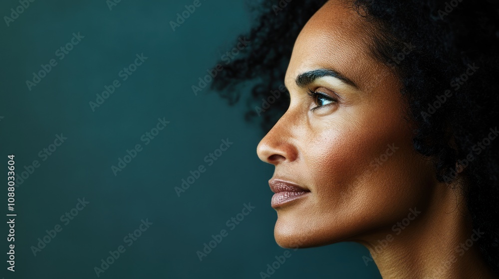 Profile of a woman with curly hair against a dark background. Profile of a woman with curly hair against a dark background.