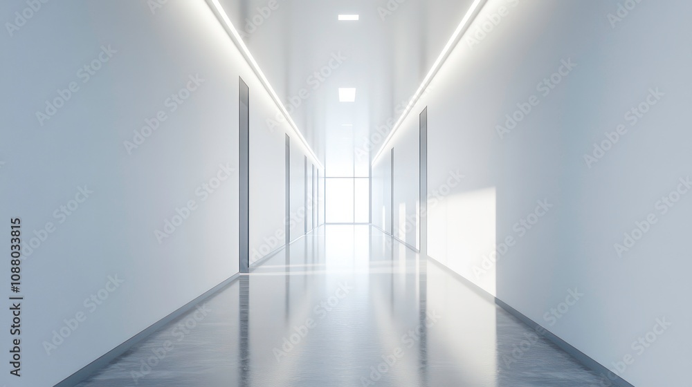 Fototapeta premium A sterile, minimalist office corridor with pristine white walls and even lighting, leading to a bright window at the end.