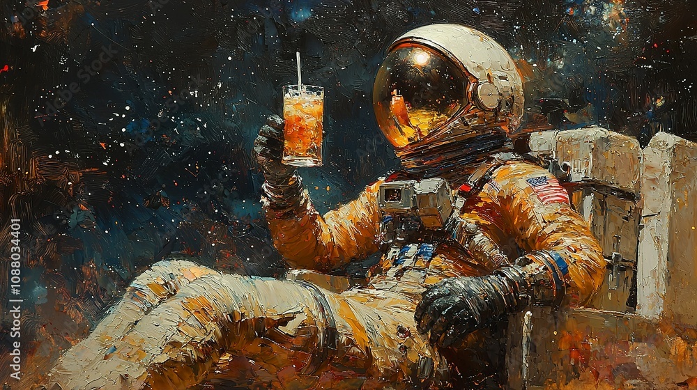 Oil painting of an astronaut drinking a cocktail Oil painting of an astronaut drinking a cocktail