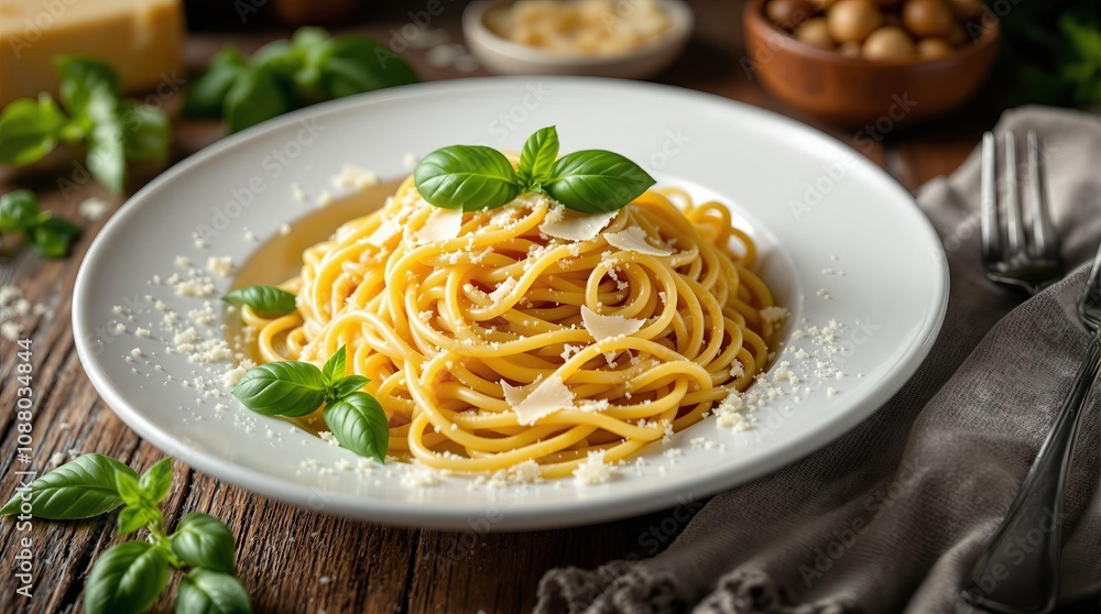 Delicious spaghetti with basil and parmesan in rustic setting Delicious spaghetti with basil and parmesan in rustic setting