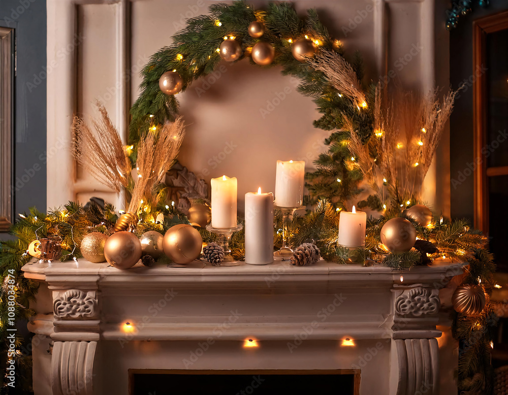 A festive Christmas mantelpiece adorned with candles, ornaments, and a garland of greenery A festive Christmas mantelpiece adorned with candles, ornaments, and a garland of greenery
