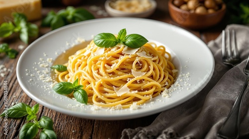 Delicious spaghetti with basil and parmesan in rustic setting