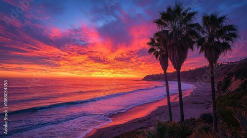 A vibrant sunset over a calm ocean with palm trees silhouetted against the sky.