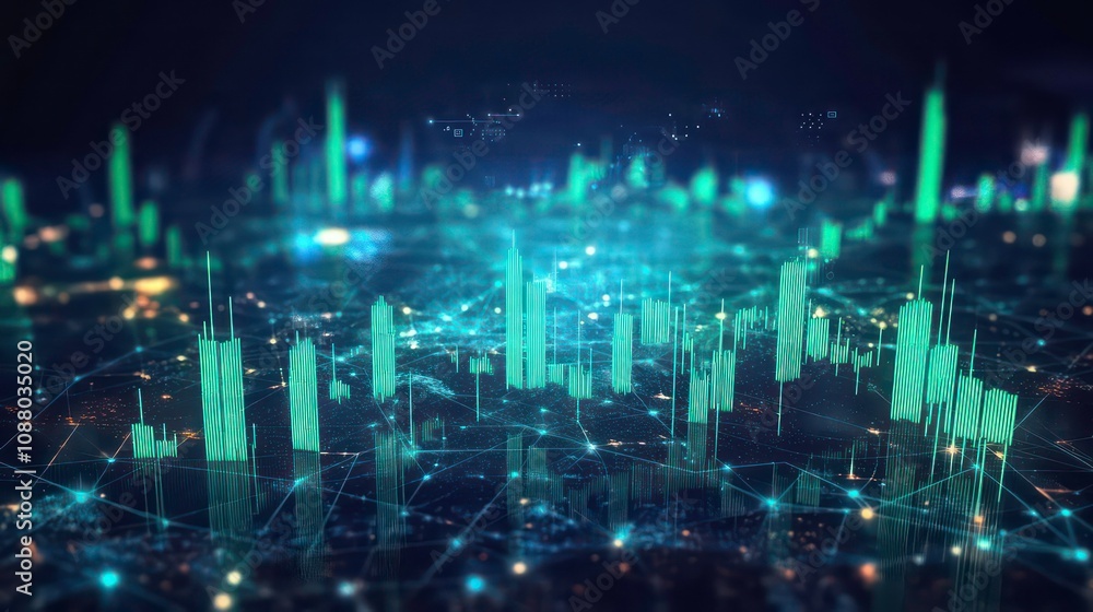 Abstract glowing green city skyline with lines and dots, representing data and network. Abstract glowing green city skyline with lines and dots, representing data and network.