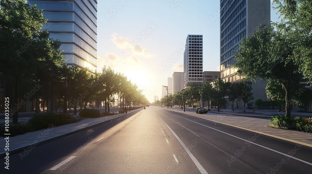 A sunny urban street lined with trees and modern buildings. A sunny urban street lined with trees and modern buildings.