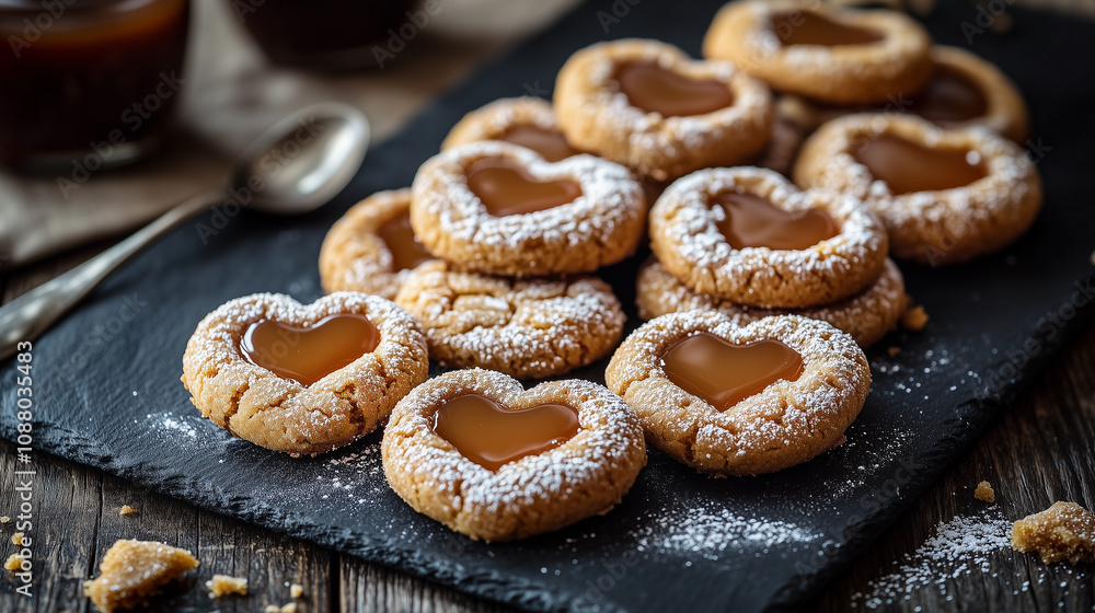 Heart-shaped cookies with peach jam and powdered sugar Heart-shaped cookies with peach jam and powdered sugar