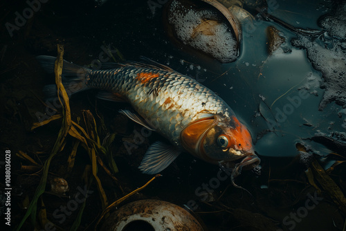 Polluted river filled with trash and industrial waste, with dying fish and withered plants nearby, symbolizing the effects of water pollution, with copy space. photo