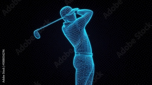 Glowing Blue Geometric Golfer in Motion   Abstract Digital Art