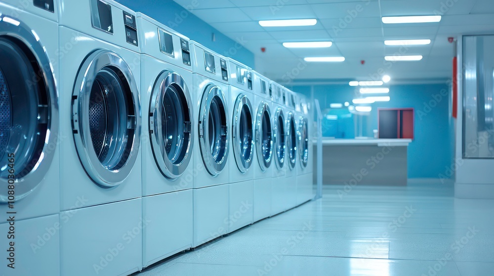A row of pristine washing machines in a contemporary laundromat, with their shiny surfaces glowing under bright lights, embodies modern efficiency and cleanliness. A row of pristine washing machines in a contemporary laundromat, with their shiny surfaces glowing under bright lights, embodies modern efficiency and cleanliness.