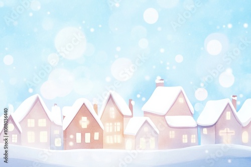 Cozy winter village with snow-covered rooftops and glowing lights against a dreamy blue sky, Christmas background with copy space 