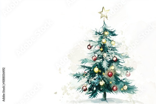 Delicate minimalist watercolor illustration of a glowing Christmas tree adorned with ornaments and a star topper, Christmas background with copy space
