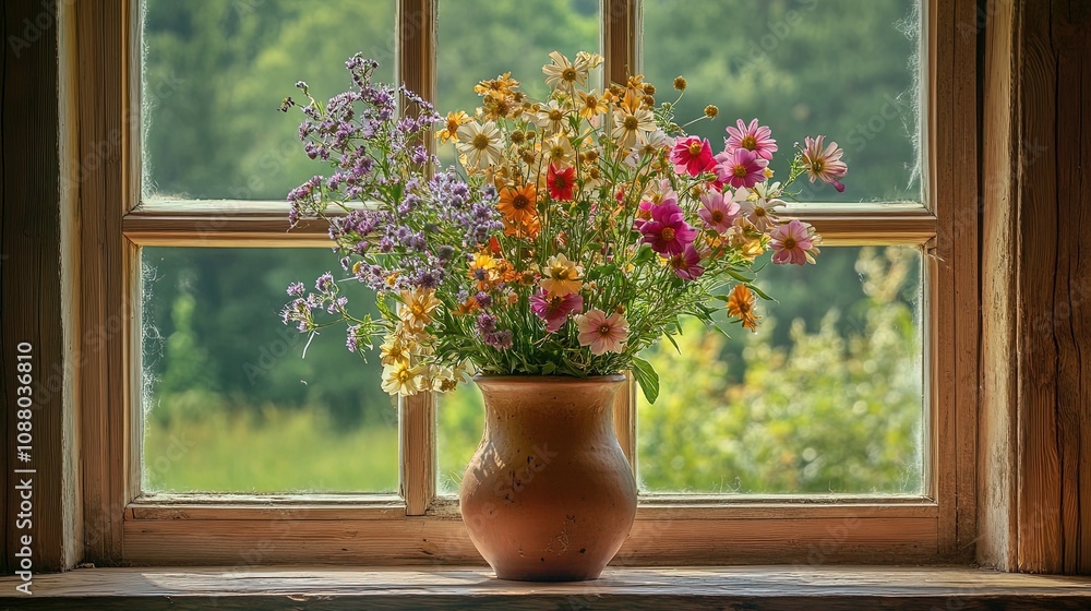 Bouquet of wild flowers in a vase on the window of an old country house, summer cottage. Bouquet of wild flowers in a vase on the window of an old country house, summer cottage.