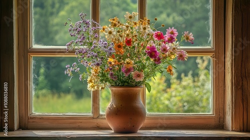 Bouquet of wild flowers in a vase on the window of an old country house, summer cottage. 