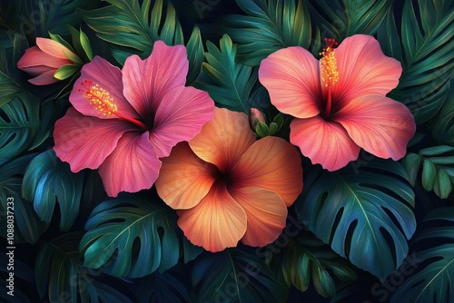 Wallpaper Mural Close-up of three vibrant hibiscus flowers with large, lush green tropical leaves in the background. Torontodigital.ca