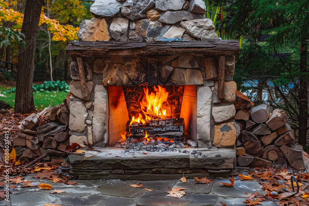Paving stone fireplace burning on deck Paving stone fireplace burning on deck
