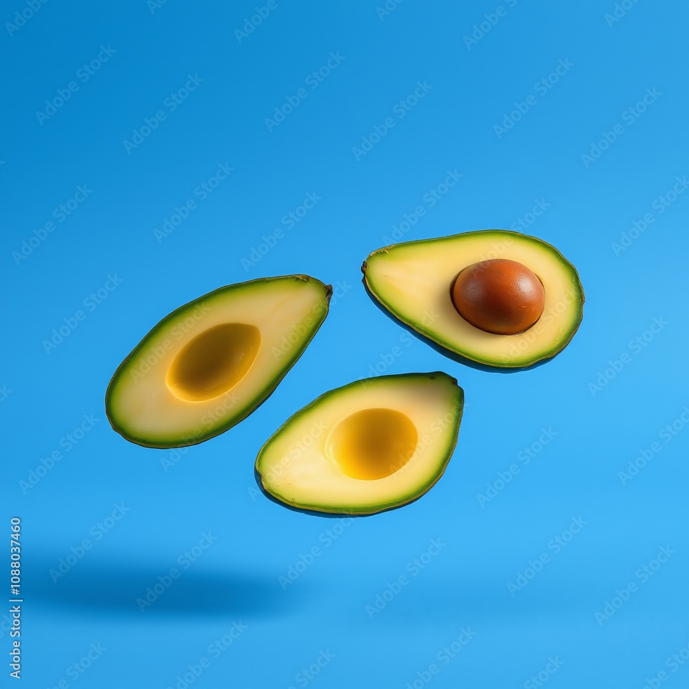 Three Halved Avocados Floating Blue Background Healthy Food