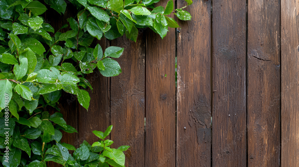 rustic wooden fence adorned with lush green leaves, creating natural and serene atmosphere. vibrant foliage contrasts beautifully with rich brown wood rustic wooden fence adorned with lush green leaves, creating natural and serene atmosphere. vibrant foliage contrasts beautifully with rich brown wood