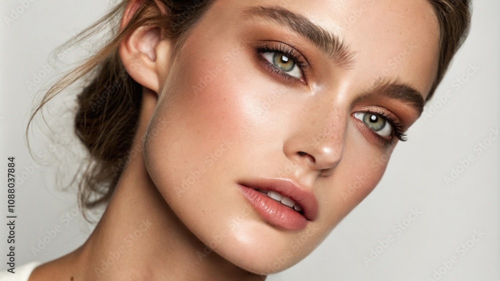 Fototapeta premium The subject in this image has a look that highlights their beautiful skin paired with a faint hint of blush for a natural flush. Their eyes are slightly accentuated with taupe
