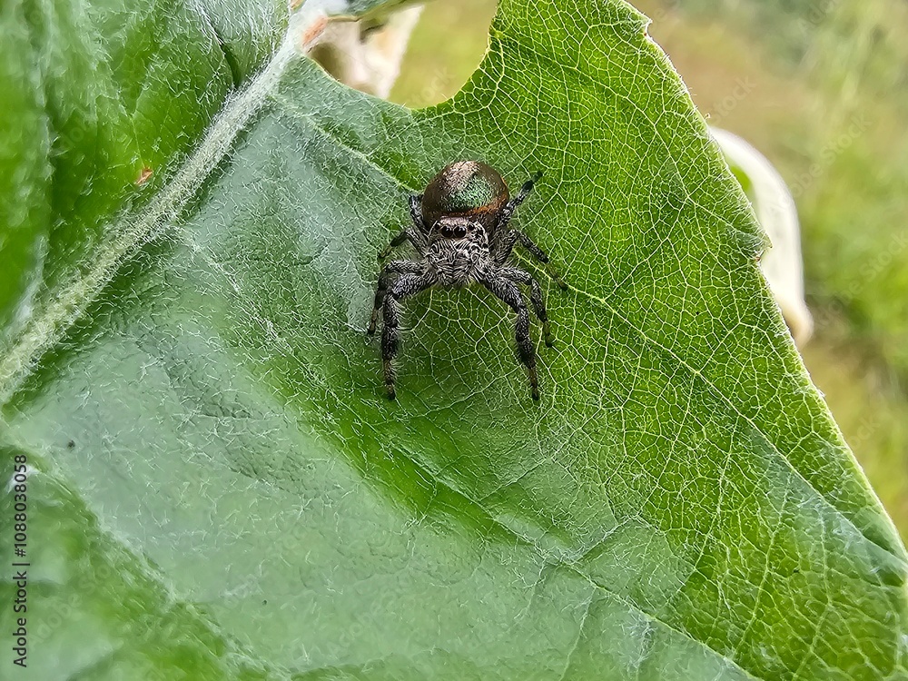 A green jumping spider, emerald jumping spider on a green leaf in the forest A green jumping spider, emerald jumping spider on a green leaf in the forest