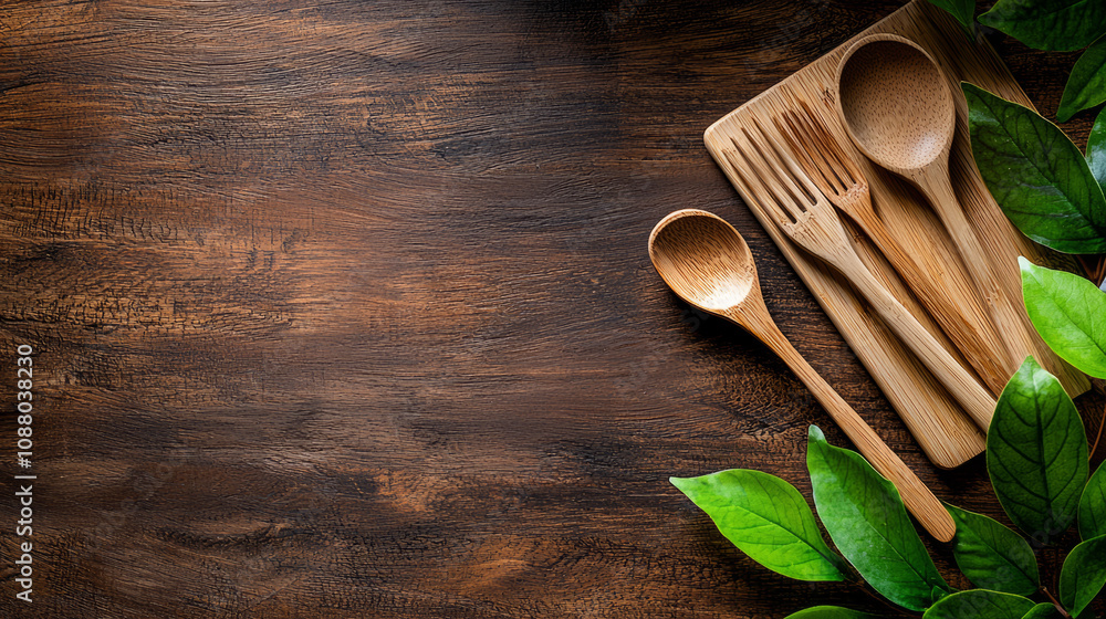Bamboo utensils arranged on wooden surface with green leaves, creating natural and eco friendly kitchen aesthetic. Perfect for sustainable living enthusiasts Bamboo utensils arranged on wooden surface with green leaves, creating natural and eco friendly kitchen aesthetic. Perfect for sustainable living enthusiasts