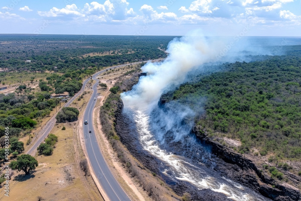 An awe-inspiring image of Victoria Falls, with its cascading waters creating misty rainbows in the sunlight An awe-inspiring image of Victoria Falls, with its cascading waters creating misty rainbows in the sunlight
