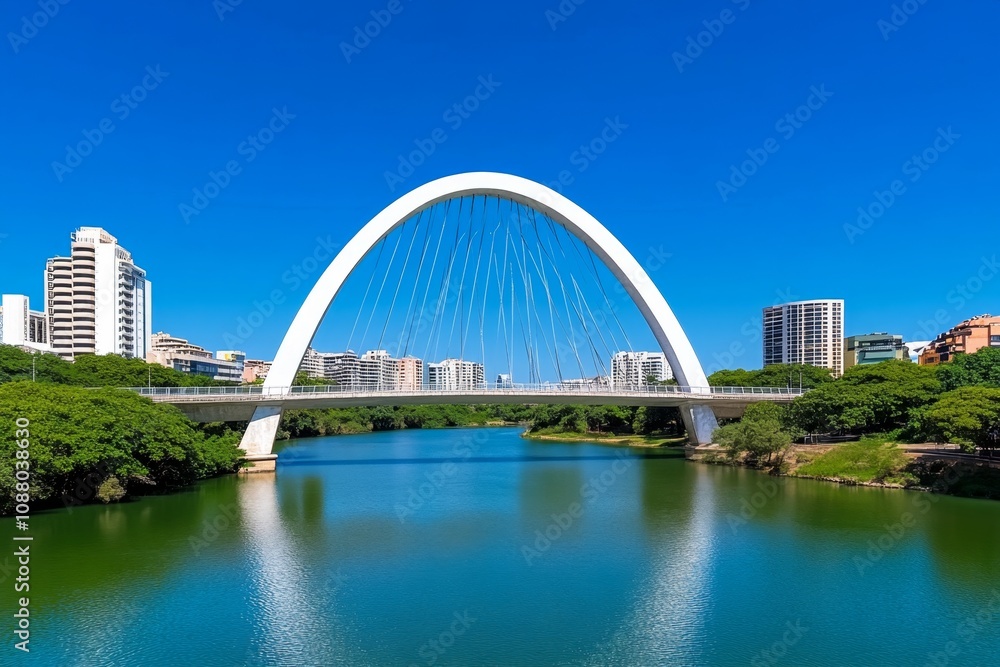 Naklejka premium An artistic bridge with abstract wave-like steel arches spanning over a calm river