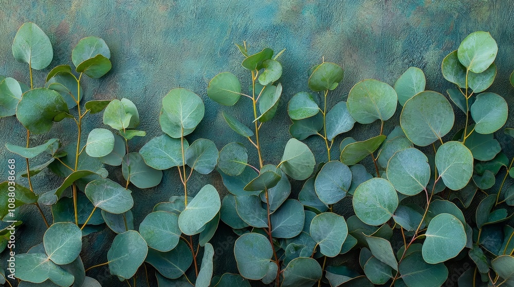 Lush green eucalyptus leaves arranged against a textured background. Lush green eucalyptus leaves arranged against a textured background.