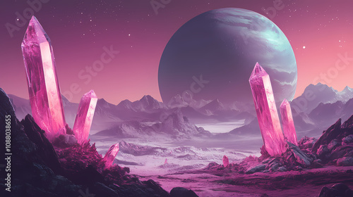 Futuristic alien landscape with pink crystal formations and a large planet in the background. surreal and otherworldly environment scene. Otherworldly Alien Landscape. Illustration